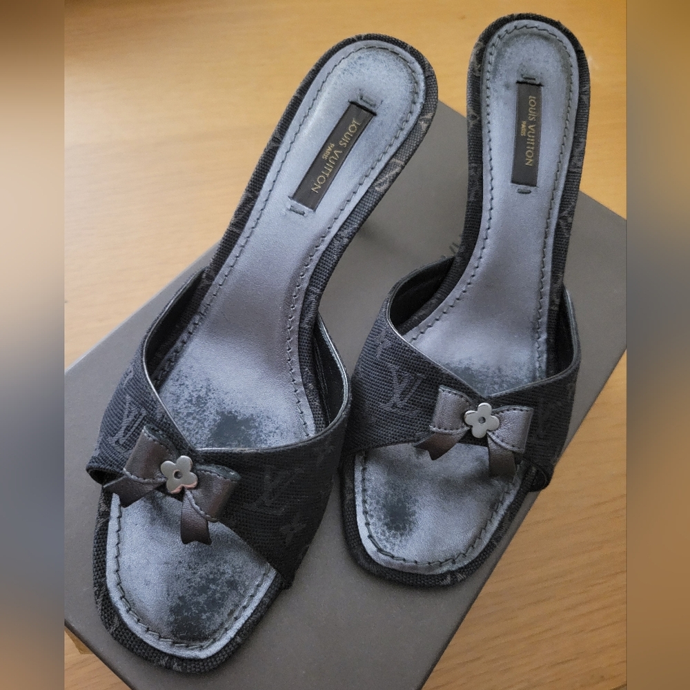 Louis Vuitton Angelique Open Toe Mules Charcoal Black Noir, 37
